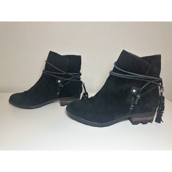 Sorel Farah Black Suede Leather Ankle Boots Tie Tassel Booties Women SIZE‎ 6 - Picture 1 of 10